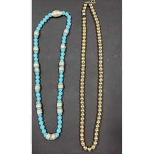 Lot Of 2 Beaded Necklaces Blue Beads And Gold Beaded Chains